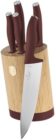 Berlinger Haus 6-teiliges Messerset/Rostfreier Aus gehärtetem Stahl 3cr13/mit BAMBOO-Ständer/matt bordeaux/Leonardo Collection