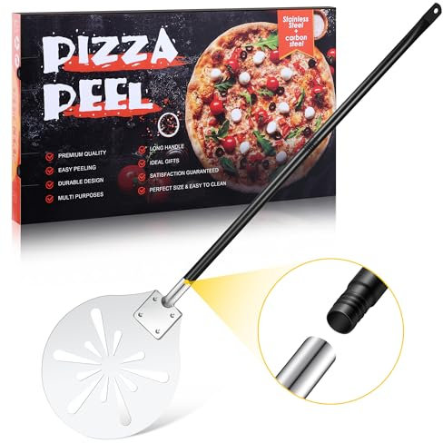 TEAMFAR Pala para pizza, 22,8 x 25,8 x 112 cm, perforada de acero inoxidable, pala para pizza, redonda, superficie grande y mango extraíble para deslizar fácilmente sobre piedra para pizza, apto para