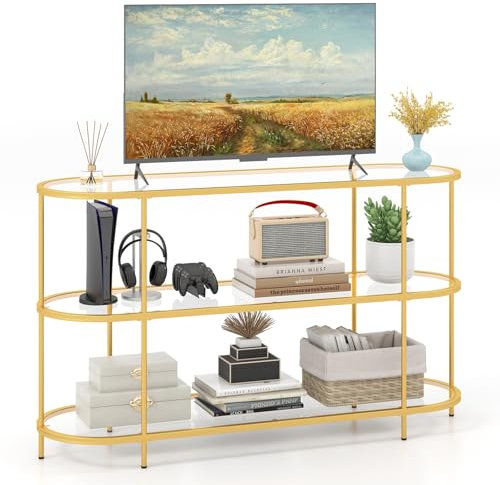 COSTWAY Meuble TV en Verre Trempé, Meuble Télé 3 Niveaux pour 65 Pouces, Console TV Design Ovale, Meuble Console Entrée Moderne pour Salon, Chambre, Doré