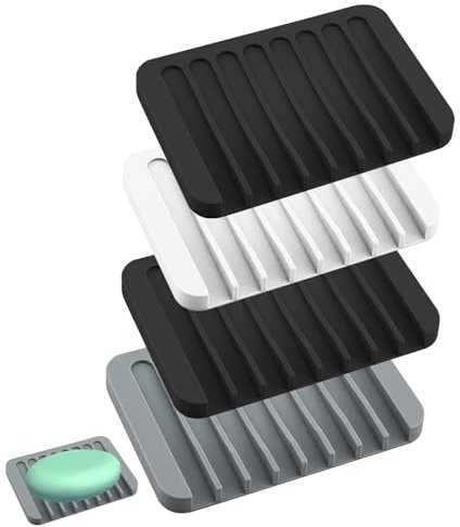 Loovisse 4 pièces Porte-Savon Silicone, Porte-Savon Noir, Porte-Savon avec égouttoir, Porte-Savon sans Perçage, Porte-Savon Porte-Savon Pouche pour Salle de Bain, Duche, Cuisine, Savon, éponge
