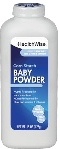 HealthWise Corn Starch Baby Powder | Aloe + Vitamin E | Talc Free | Paraben & Phthalate Free | Absorbs Moisture | 15 oz (425g)