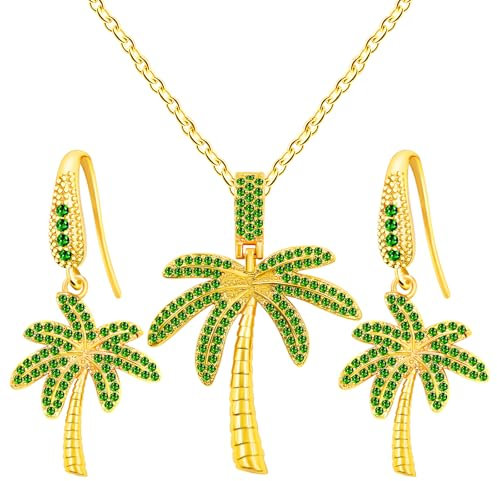 JunyiDIY Summer Palm Tree Earrings Necklace Set for Her, Golden Dazzling Crystal Seaside Jewelry for Friends Sister's Birthday Tropical Themed Gift YA4830