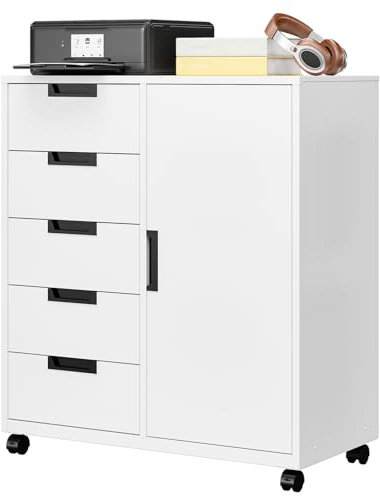 Sightlife Büroschrank Rollcontainer mit 5 Schubladen Aktenschrank weiß Druckerschrank Schreibtisch Unterschrank Büromöbel Metallschrank Bürowagen Rollwagen Schubladenschrank Rollschrank 90Hx40Tx80Bcm