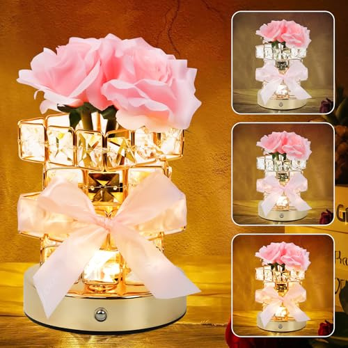mumisuto Rose Kristall Tischlampe,Dimmbare LED Künstliche Blume Touch Lampe mit Würfel Kristall Vase,Nachttischlampe Rose Lampe Romantische Dekorationen für Zuhause,Büro,Party,Hochzeit,Geburtstag