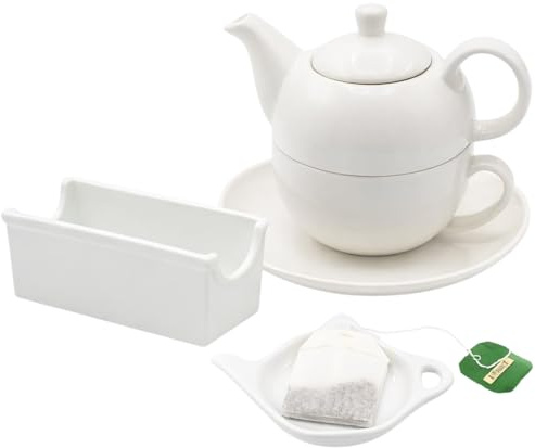 LEONARDO LUXURY HOME DESIGN Kit 3 Pezzi Porcellana Bianca Tazza Teiera Egoist 400 ml Porta Bustine Esaurite The Servizio Elegante Idea Regalo (Tazza+Porta Bustine+Porta Bustine Esaurite)