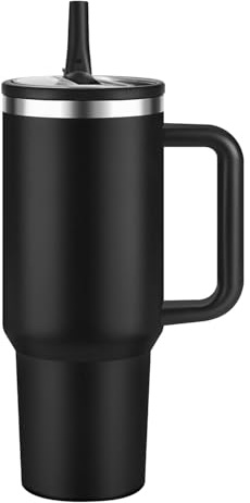 FOLAI Eco-Friendly Insulated Water Bottle,100% Leakproof Stainless Steel Travel Mug Water Tumbler,40 Oz Vacuum Insulated Cup with Handle and Straw Lid,Dishwasher Safe,Gifts for Women & Men(Black)