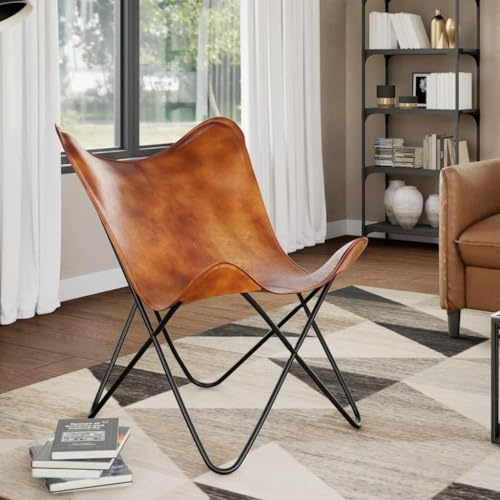 QZZCED Butterfly Stuhl aus echtem Leder, braun, ergonomischer Schmetterlingsstuhl aus Echtleder mit stabilem Eisengestell