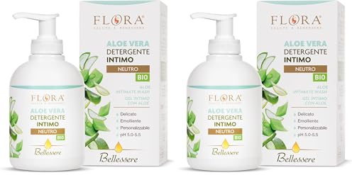 FLORA Bellessere Detergente Intimo Aloe Vera PH 5.0-5.5 - 250 ML con succo di Aloe vera per aiutare persone con allergie o pelli sensibili formulato per miscelarlo con oli essenziali puri 100%