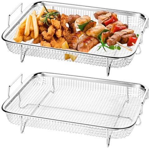 2 Stück Edelstahl Grillkorb, 30x22.5x5.2cm Grillgitter Mesh Backkorb | Metall Ofen Grill mit Griffen für Backen Von Keksen Grillen Fettarmes Heißluft-Garen