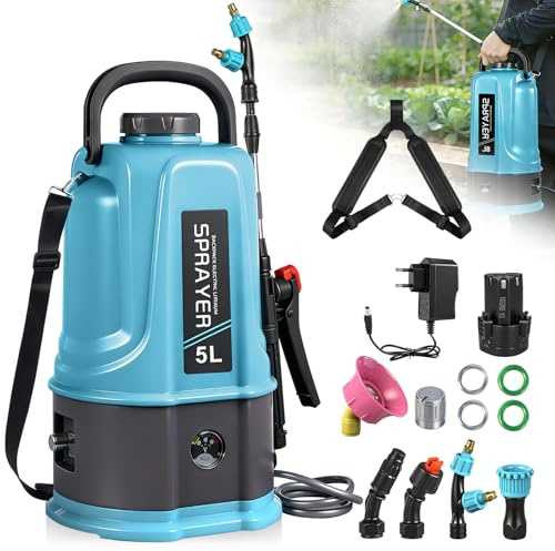 5L Akku Drucksprüher,45PSI Rückenspritze Pflanzensprüher,Gartenspritze Sprühgerät Kompatibel mit Makita 12V Batterien,Elektrischer Pflanzensprüher mit 4 Düsen,60cm Teleskopstab,2.0 Ah Akku,Ladegerät