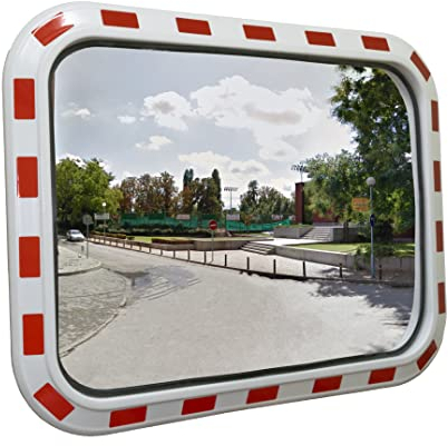 Interstock Verkehrsspiegel 60x40cm Gewölbter Spiegel Sicherheitsspiegel Convex Taffic Mirror Beobachtungsspiegel mit Reflektierenden Streifen zur Verbesserung der Sichtbarkeit