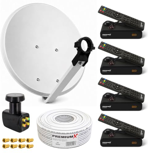 PremiumX Satelliten-Komplettanlage 4 Teilnehmer 60cm Antenne Hellgrau Quad LNB 50m Kabel 4X HD TV SAT-Receiver HDMI-Kabel