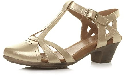 AJVANI Womens ladies mid block heel cut out T-bar smart work casual summer ankle strap comfort brogue shoes sandals size.