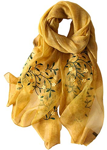 Alysee Damen-Schal, Seide und Wolle, gemischt, Blumenstickerei, Schal, senfgelb, Large