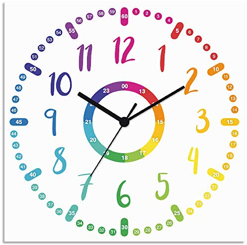 ARTLAND Wanddeko Wanduhr ohne Tickgeräusche aus Alu Kinder Lernuhr Quarzuhr lautlos 30x30 cm Kinderuhr Comic Design Uhrzeit Lernen Junge Mädchen Bunt U1OR