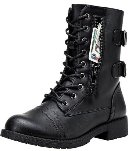 Vepose Women's Black Lace up Combat Boots, Mid Calf Hiking Boots, 929 Size 8.5 US - Credit Card Wallet Pocket (CJY929 Black 08.5)