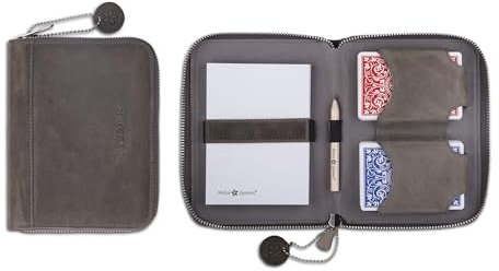 Melia Games Spielkarten Set Deluxe - Hochwertiges Karten-Etui aus feinstem Leder - komplettes Set inklusive 2 Spielkartendecks, Notizblock und Bleistift (Vintage Edition - Light)