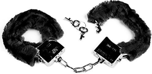 Makotex Handschellen Metall, mit Schlüssel | Handfesseln | Handschließen | Polizeikostüm | Sträfling | Karneval | Fasching | Motto Party | Halloween (Plüsch schwarz)