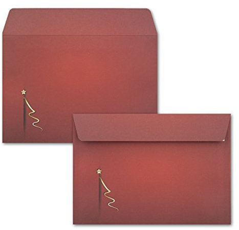 25x Briefumschläge DIN C6 in Rot mit goldenem Weihnachtsbaum - Haftklebung mit Abziehstreifen - 114 x 162 mm - 80 g/m² - Weihnachtsumschläge mit Motiv für Firmen und Privat