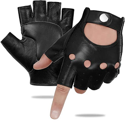 GSG Herren Fingerlose Lederhandschuhe Ungefüttert Halbfinger Leder Fahrhandschuhe Schaffell Schwarz XL