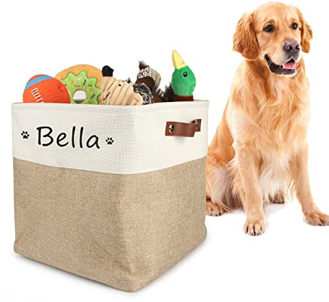 PIANG GOUER Aufbewahrungskorb für Hundespielzeug, Mit personalisiertem Kosenamen Faltbare rechteckige Aufbewahrungsbox für Organisation Katzen und Hundekleidung, Spielzeug（weiß beige）