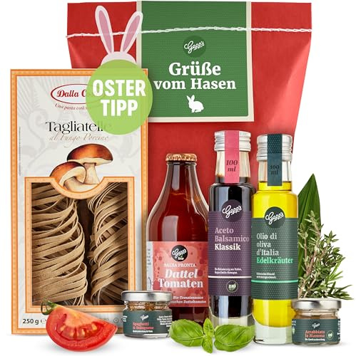 Gepp's Feinkost Ostergeschenk GRÜSSE VOM OSTERHASEN mit italienischen Spezialitäten, Geschenk-Korb mit Nudeln al Fungo Porcino, Tomatensauce uvm., Präsentkorb zu Ostern, Geschenkidee für Sie & Ihn