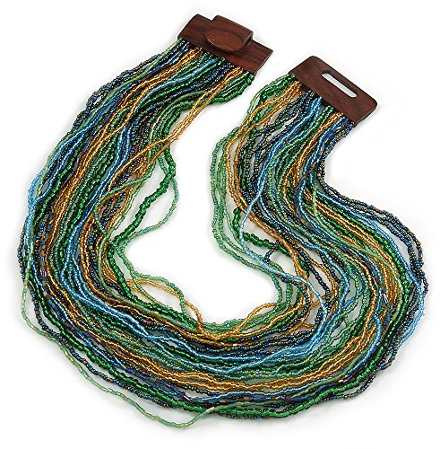 Avalaya Collier multirangs en perles de verre doré/vert/bleu clair avec fermeture carrée en bois – 60 cm de long, taille unique, verre, bois, Pas de gemme
