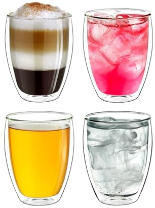 Recamania Set di 4 bicchieri in vetro a doppia parete da 250 ml, isolanti resistenti al calore, ideali per bevande calde e fredde