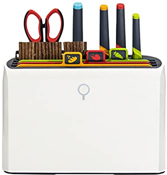 Smart Cutting Board and Knife Set with Holder, Chopping Board Set of 4 Colour Coded Chopping Boards, 4 Knives, Drying Holder Organizer, Kitchen Tools Drying Holder, White