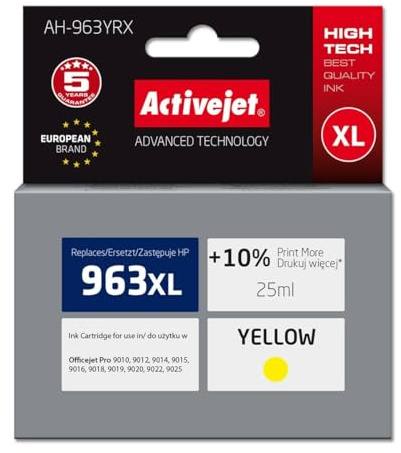 Activejet AH-963YRX Ink for HP Printers Replacement HP 963XL 3JA29AE; Premium; 1760 Pages; Yellow