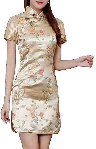 Cheongsam Robe Qipao pour femme Coupe ajustée Manches courtes Col mandarin Fente latérale Imprimé floral chinois Dragon Robe