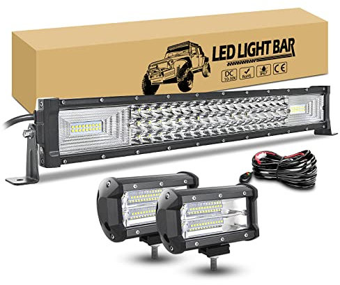 RIGIDON 22 zoll 56cm 270W gebogen led arbeitsscheinwerfer bar mit 12v kabelbaum kit, 2 x 13cm 72W led flutstrahler offroad beleuchtung, led lichtleiste kfz für auto lkw traktor 4x4 fahrzeuge