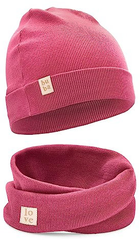 Bubalove Mützen und Schalset für Jungen, Mädchen, Baby, Größen 0mc bis 12 Jahre+ viele Farben, Frühlings-, Herbstsets, Baumwollmützen, handgenäht (56-60, dunkelrosa)