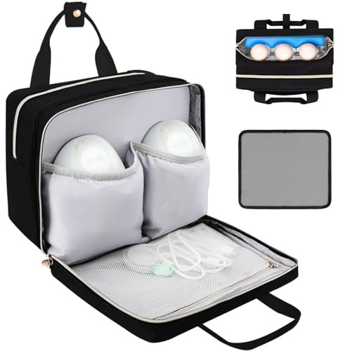 Tragbare Milchpumpentasche mit Kühlfach, kompatibel mit Momcozy M5/S12 Pro, Elvie & Medela-Pumpe im Stil, Tragetasche mit wasserdichter Matte für Milchpumpe und Zubehör, Schwarz (nur Tasche)