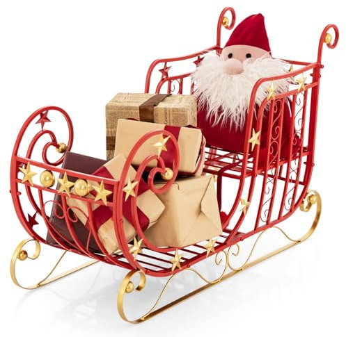 COSTWAY Slitta di Babbo Natale, Slitta di Babbo Natale in Metallo con Ampia Area di Carico per Regali, Decorazione Natalizia con Stelle Dorate, per Casa, Negozio e Ufficio (Modello 1)