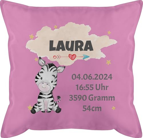 Kissen 50x50 - Zur Geburt - Zebra Geburtsdaten - Mädchen Datum Gewicht Uhrzeit Größe - 50 x 50 cm - Pink - geburtskissen baby geschenke neugeborene geburtsgeschenk daten kopfkissen babygeschenke