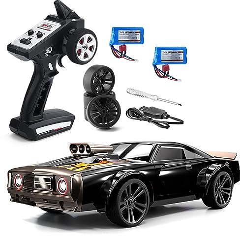 Goolsky RC Drift Car, 1/16 Voiture de Dérive 35KM/H RTR Muscle Car Grande Vitesse 2,4GHz 4WD Angel-Eye Lumières LED Cool, Pneus Remplaçables Rechargeable Cadeau pour Enfants Adultes Rouge 2 Piles