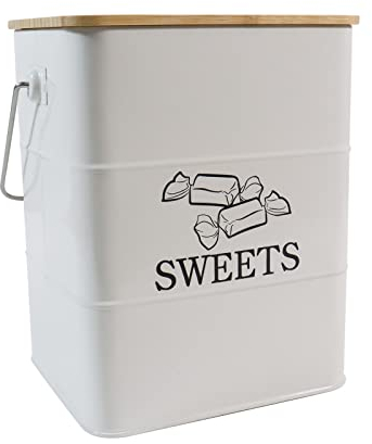 Xbopetda Metal Candy Jar, Candy Box with Airtight Wooden Lid & Handle, Vintage Style Candy Can Candy Tin - Food Storage Canister for Candies, Sugar Cubes, Chocolate & Snacks (Cream White)