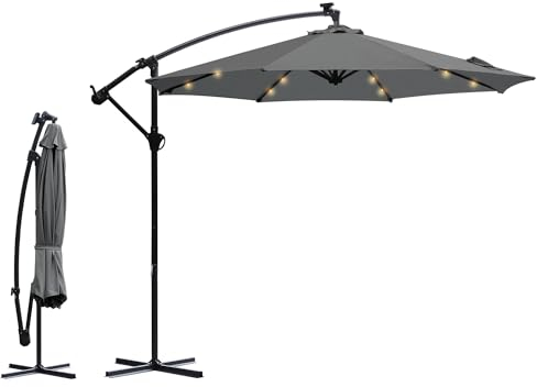 Sekey LED Solar Ampelschirm 300cm LED Sonnenschirm-Solarbetrieben - UV50+ Sonnenschutz - Robust und Stabil für den Gartenn Dunkelgrau