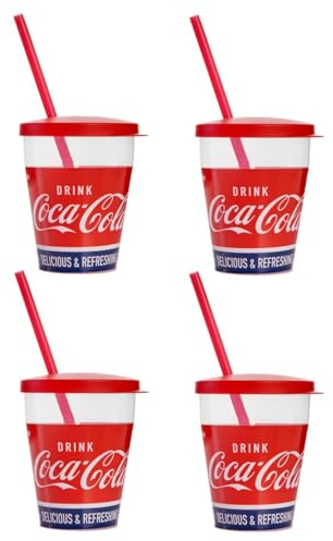 Snips, Coca-Cola Trinkgläser mit Strohhalm 0.385 L, Set Trinkgläser Kunststoff 4-teilig, Trinkbecher mit Strohhalm und Deckel Made in Italy 0% Bpa