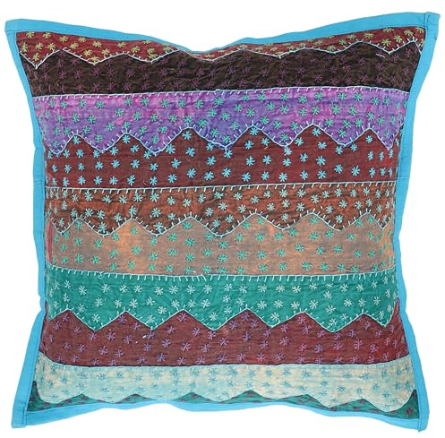 GURU SHOP Indische Kissenhülle, Bestickter Patchwork Kissenbezug, Ethnostyle Kissen - Türkisblau, Baumwolle, 40x40x0 cm