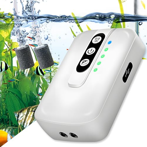 Joycabin Aquarium Luftpumpe, Wiederaufladbare Sehr Leise Aquarium Luftpumpe, 2 Einstellbare Luftauslässe, 2W Leistungsstark Sauerstoffpumpe für Angeln im Freien, Aquarium, Stromausfall