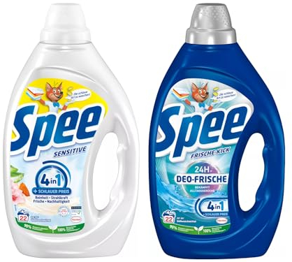 SPEE Gel-Set 2x 22 Waschladungen (44WL) 1x Deo-Frische Blütenfrische, Flüssigwaschmittel & 1x Sensitive, Waschmittel mit 4 + 1 Formel, Waschmittel für Temperaturen ab 20° C
