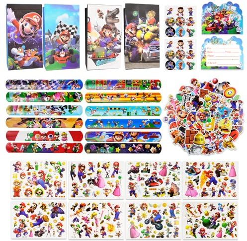 Siphus 94 Stück Party Mitgebsel Kinder, 12 Slap Armbänder, 12 Papiertüten mit Aufklebern, 12 Einladungskarten, 50 Aufkleber, 8 Tattoo-Aufkleber, Geschenk zum Kindergeburtstag Giveaways
