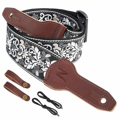 Nefelibata Banjo-Gurt, 2 breit, Vollnarbenleder Jacquard bestickt, verstellbarer Ersatz, Gitarrengurt mit Kopfplatten-Seil und Leder-Stirnband (weiße Blumenstickerei)