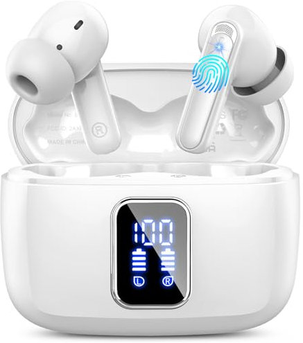 lukg Bluetooth Kopfhörer, 2024 In Ear Kabellose Bluetooth 5.3 mit 4 ENC Mic, Tiefer Bass 48Std Wireless Earbuds Noise Cancelling, IP7 Wasserdicht LED-Anzeige, Weiß