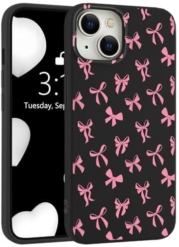 LuminousGuard for iPhone 12/12 Pro Case, Cute Kawaii Pink Bow Black Liquid Silicone Phone Case Slim Fit Soft Gel Rubber Protective Phone Cover for Women Girls