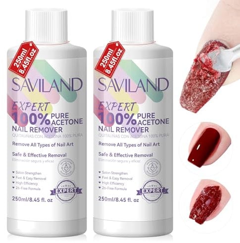 SAVILAND 100% Acetone Nail Remover: 2 Pcs 250ml Non-Dried Magic Nail Remover Tool Safe Speed Up Removal for Nail Polish Acrylic Dip Nail & Nail Salon