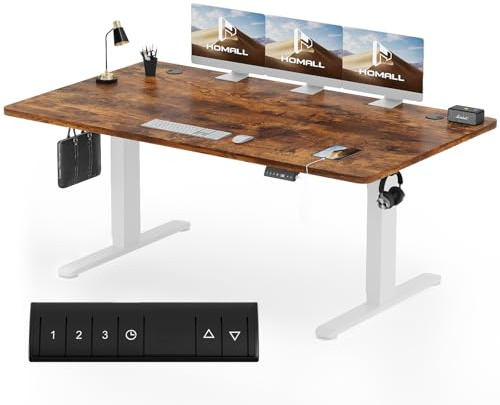 Homall Höhenverstellbarer Schreibtisch 180x80cm mit USB-A Ladeanschluss, Elektrischer Schreibtisch mit Kabel Management Tray, Standing Desk mit 3 Memory Funktion, Computertisch Braun+Weiß