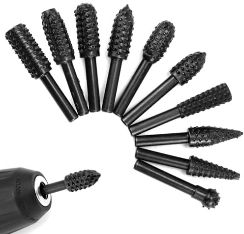 QWORK® 10 Stück Holzraspel Raspel Set, 1/4 Schaft, Holz Bohrer Fräser Set, 45# Stahl, Kompatibel mit Weichholz, Kunststoff, Gummi